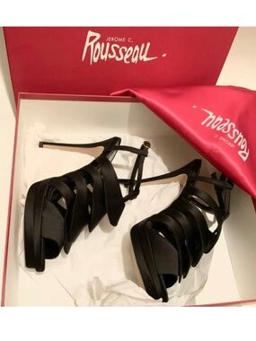 Jerome C. Rousseau Quorra Luxury Black Satin Strap Platform Stiletto Sandal 39.5